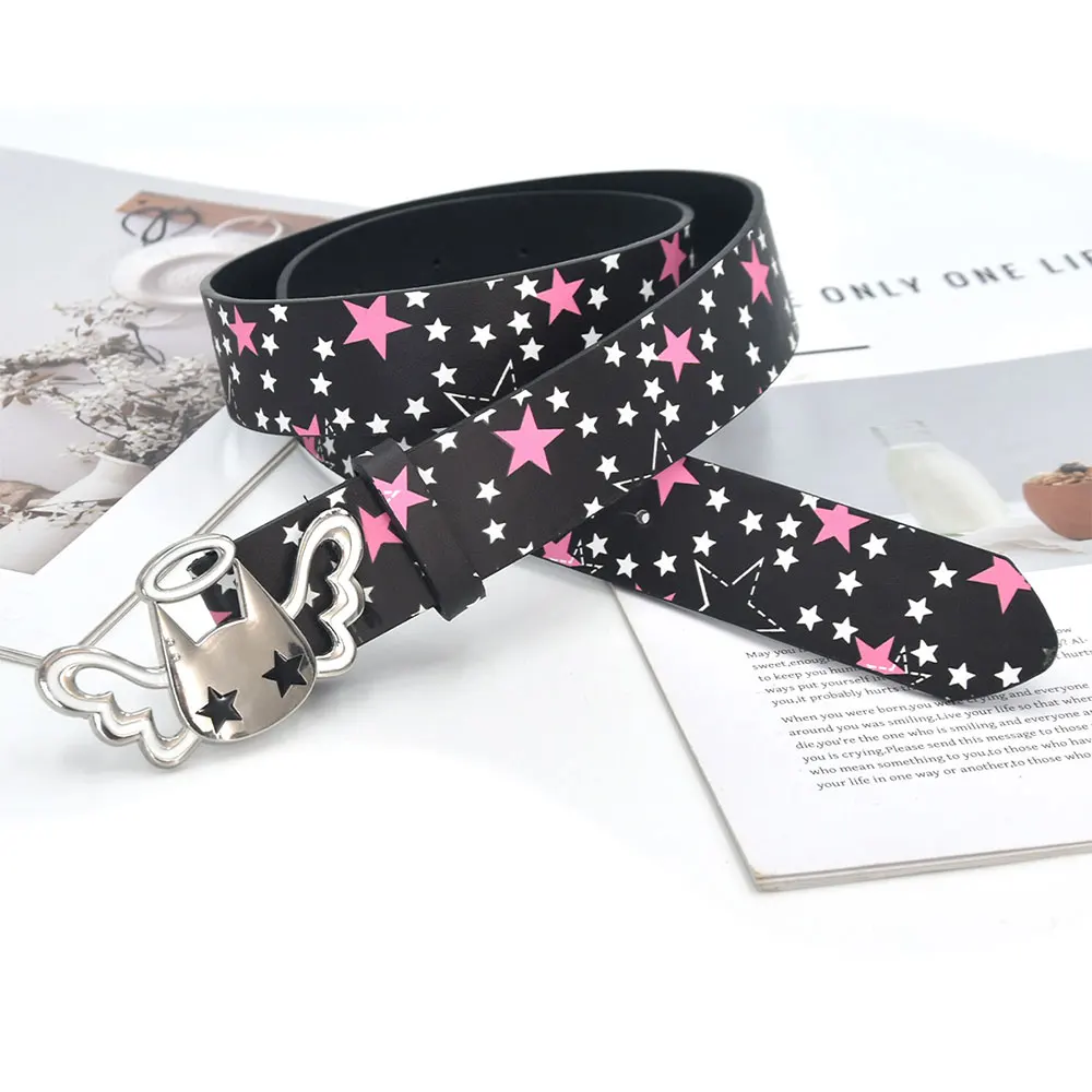 Y2K Heart And Star Wide Leather Belt Fashion Black White Waist Strap Trendy Women's Accessories For Jeans Skirt Decor Waistband