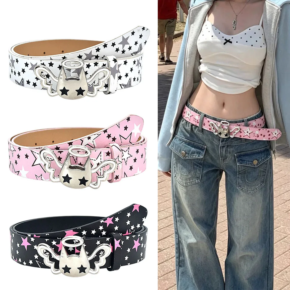 Y2K Heart And Star Wide Leather Belt Fashion Black White Waist Strap Trendy Women's Accessories For Jeans Skirt Decor Waistband