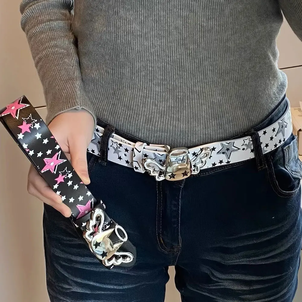 Y2K Heart And Star Wide Leather Belt Fashion Black White Waist Strap Trendy Women's Accessories For Jeans Skirt Decor Waistband