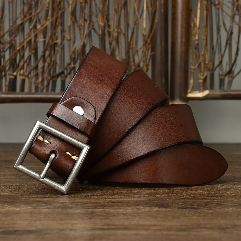 3.8CM Real Cow Genuine Leather Luxury Strap Male Belts Cowskin Retro Vintage Stainless Steel Pin Buckle Men Belt High Quality