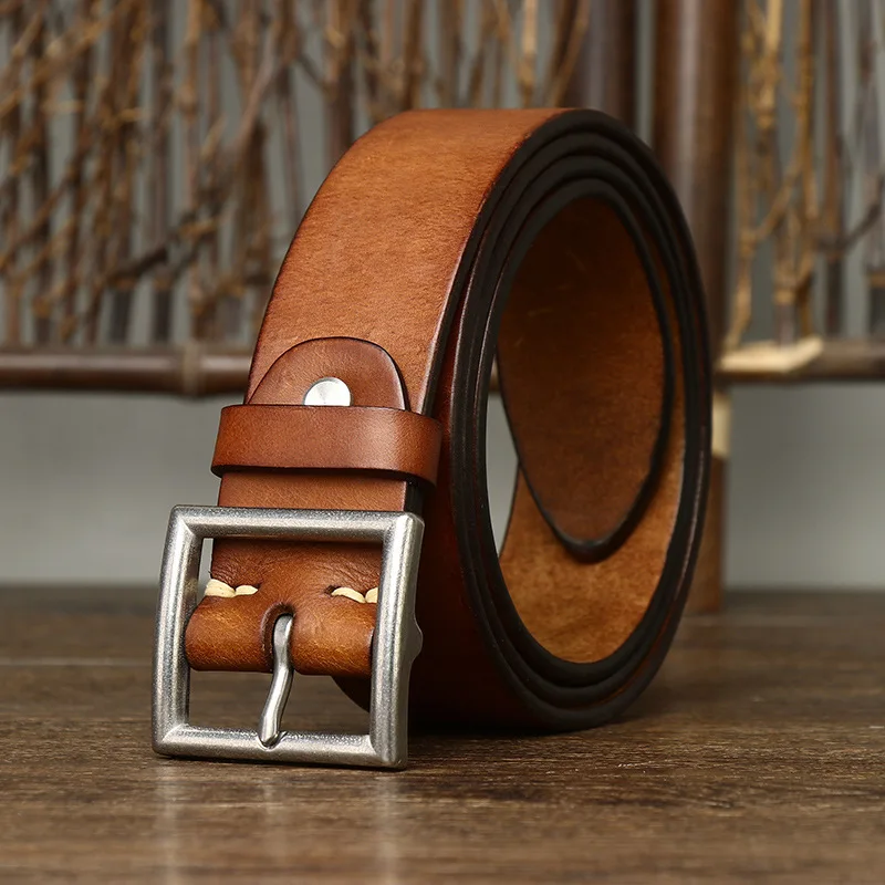 3.8CM Real Cow Genuine Leather Luxury Strap Male Belts Cowskin Retro Vintage Stainless Steel Pin Buckle Men Belt High Quality