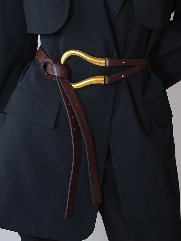 New Golden Metal Buckle Knotted Belt For Women Long Pu Leather Waist Belts for Lady Female Dress Coat Decorative Straps Girdle