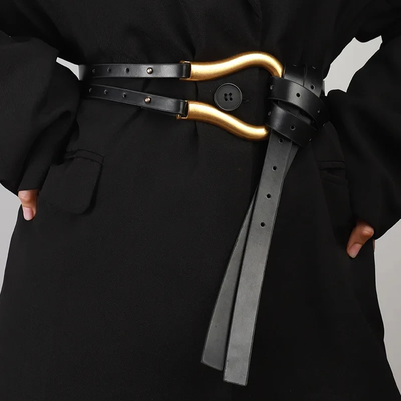 New Golden Metal Buckle Knotted Belt For Women Long Pu Leather Waist Belts for Lady Female Dress Coat Decorative Straps Girdle