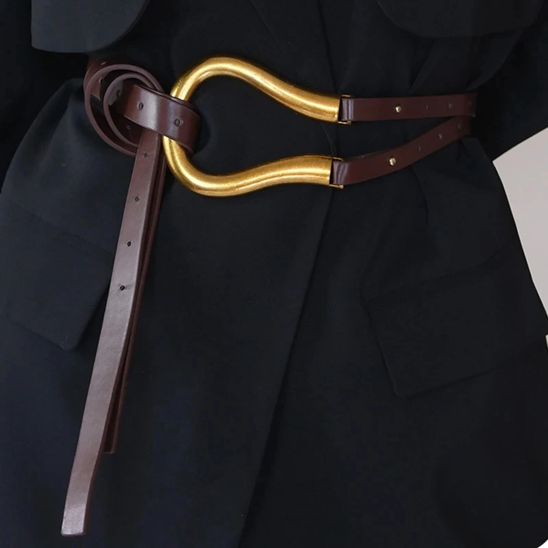New Golden Metal Buckle Knotted Belt For Women Long Pu Leather Waist Belts for Lady Female Dress Coat Decorative Straps Girdle