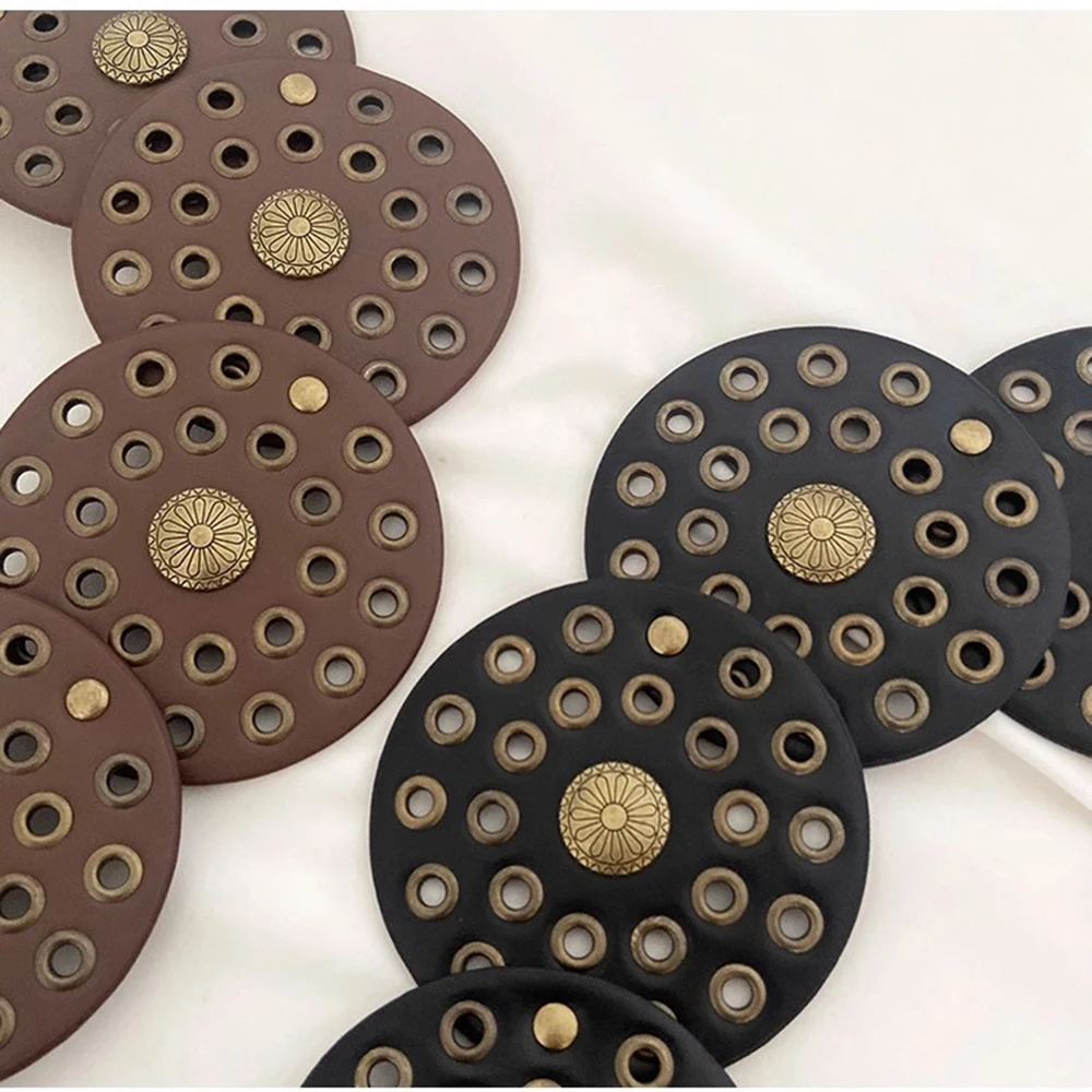 Western Cowboy Wide Golden Rivet Steampunk Circles PU Leather Waistband Vintage Large Round Buckle Waist Belt Girdle For Women
