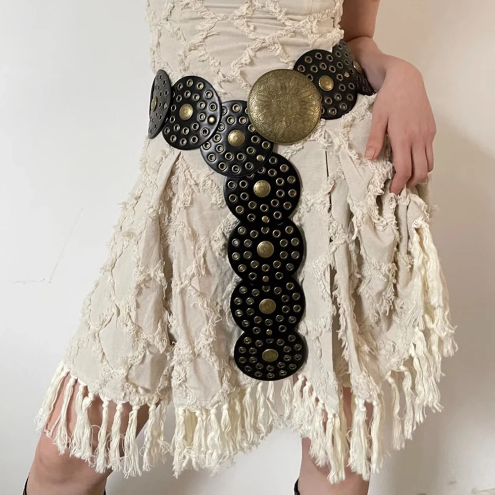 Western Cowboy Wide Golden Rivet Steampunk Circles PU Leather Waistband Vintage Large Round Buckle Waist Belt Girdle For Women