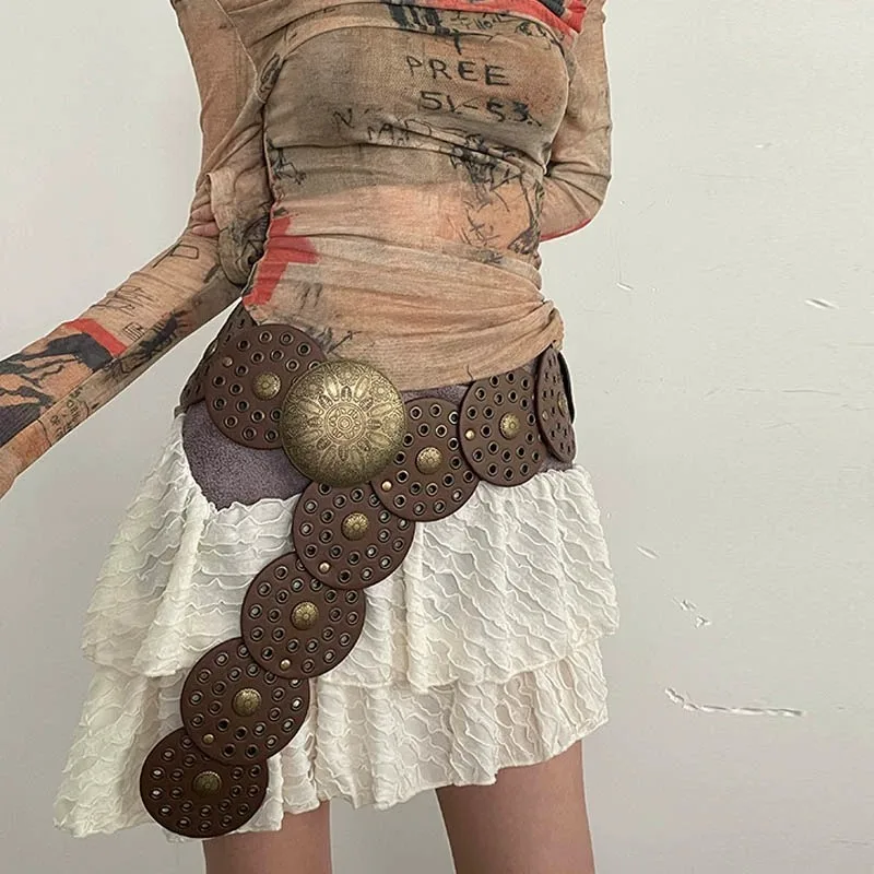 Western Cowboy Wide Golden Rivet Steampunk Circles PU Leather Waistband Vintage Large Round Buckle Waist Belt Girdle For Women