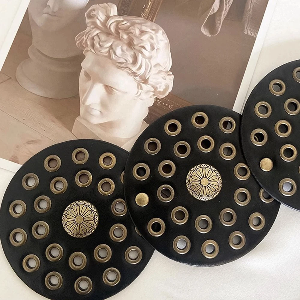 Western Cowboy Wide Golden Rivet Steampunk Circles PU Leather Waistband Vintage Large Round Buckle Waist Belt Girdle For Women