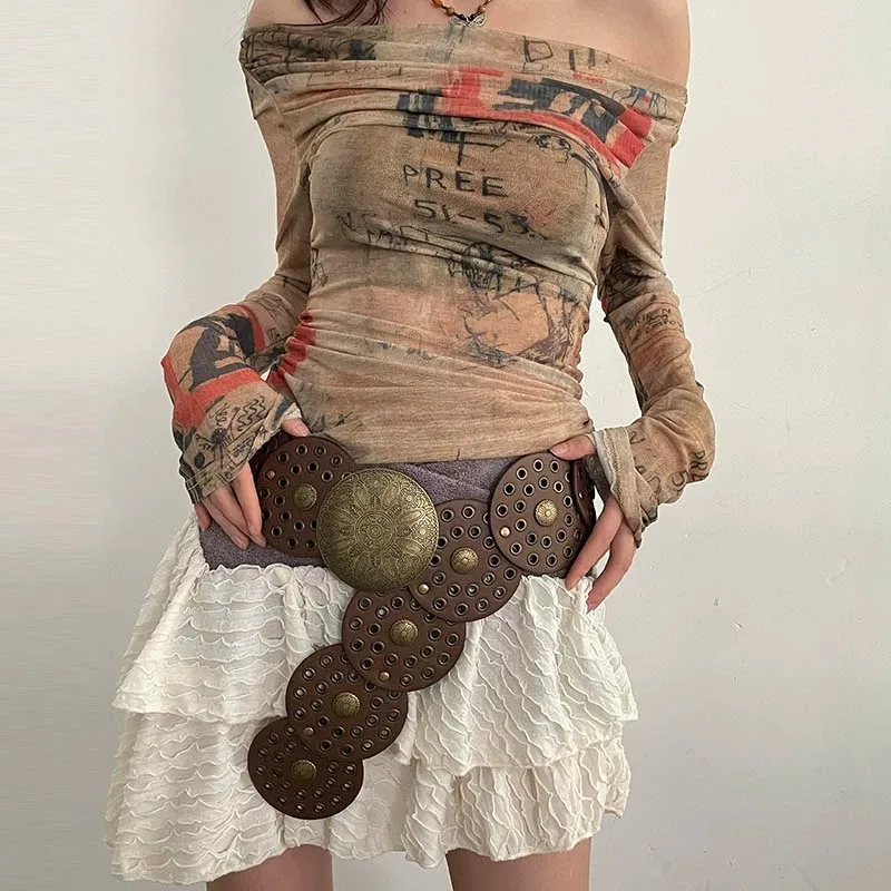 Western Cowboy Wide Golden Rivet Steampunk Circles PU Leather Waistband Vintage Large Round Buckle Waist Belt Girdle For Women