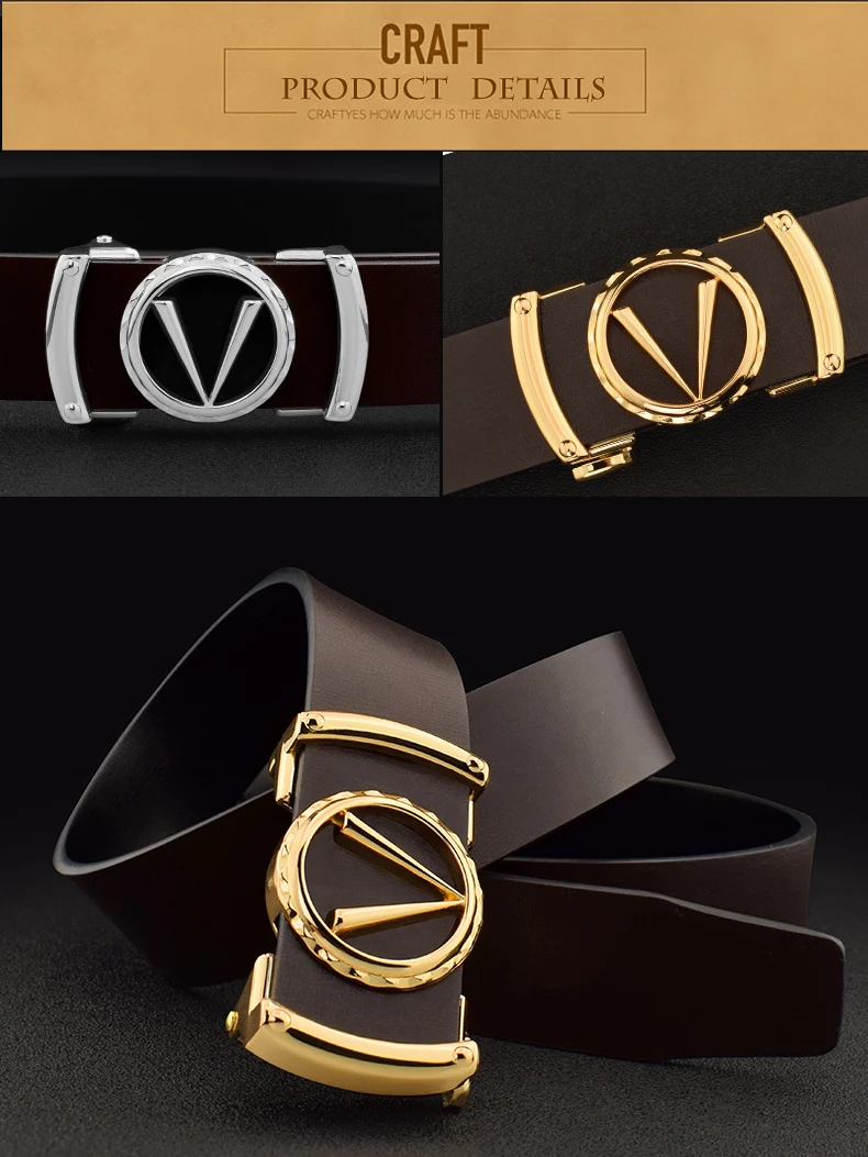 Fashion V letter Black genuine leather designer belts men HighQuality Cowskin Waist Strap Casual Automatic buckle ceinture homme
