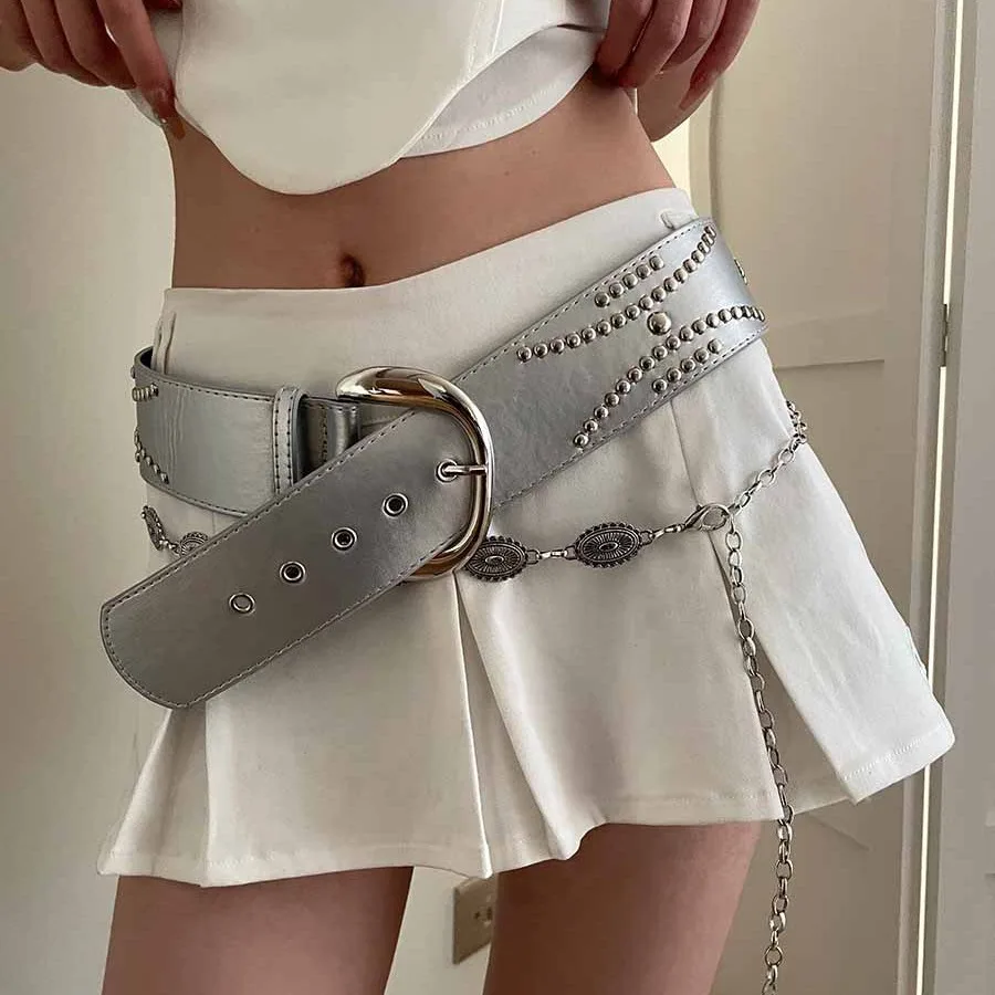 New Rivet Wide Version Belt for Women's Fashionable Silver Rock Glossy Metal Buckle Retro Wide-Edged Belt