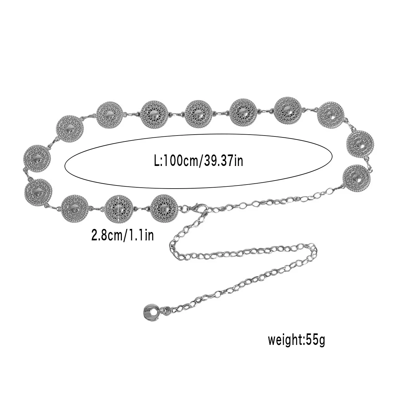 Women Hollow Out Round Metal Belt Gold Silver Carved Long Adjustable Chain Belts Elegant Lady Girl Dress Coat Decorative Strap