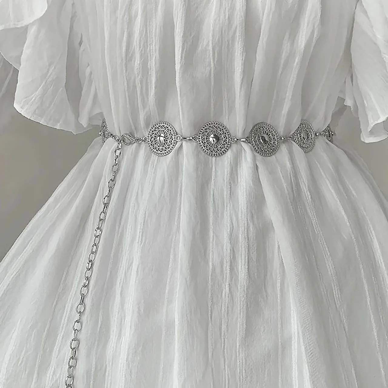 Women Hollow Out Round Metal Belt Gold Silver Carved Long Adjustable Chain Belts Elegant Lady Girl Dress Coat Decorative Strap