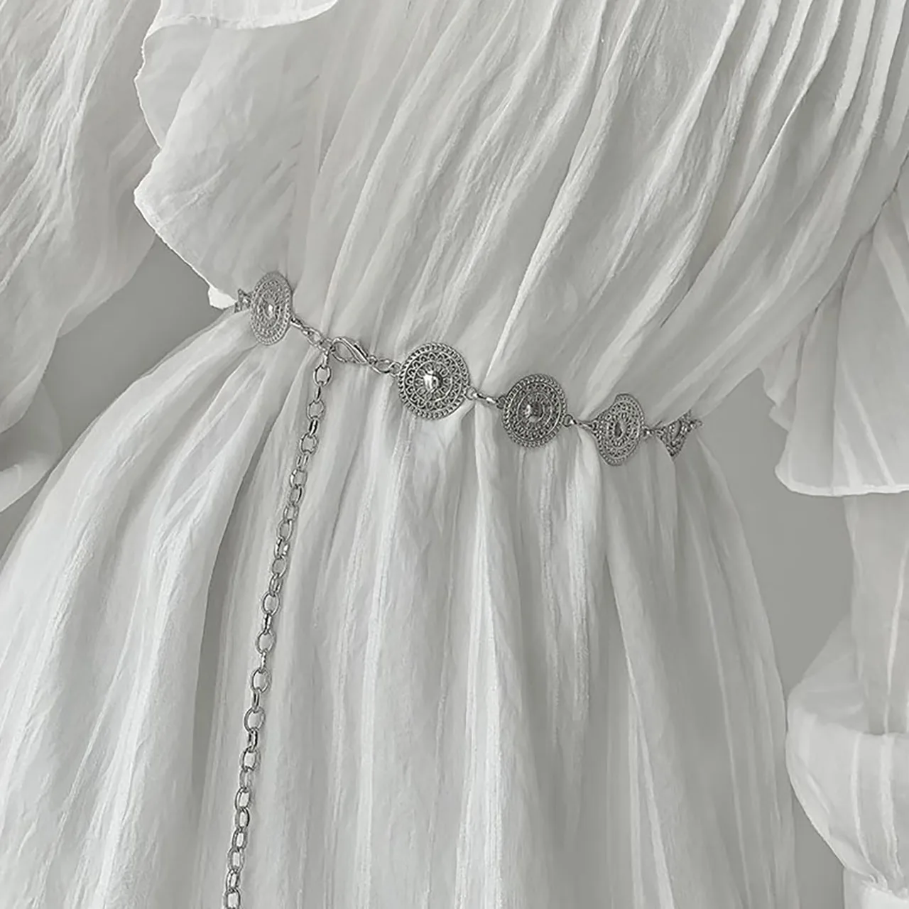 Women Hollow Out Round Metal Belt Gold Silver Carved Long Adjustable Chain Belts Elegant Lady Girl Dress Coat Decorative Strap