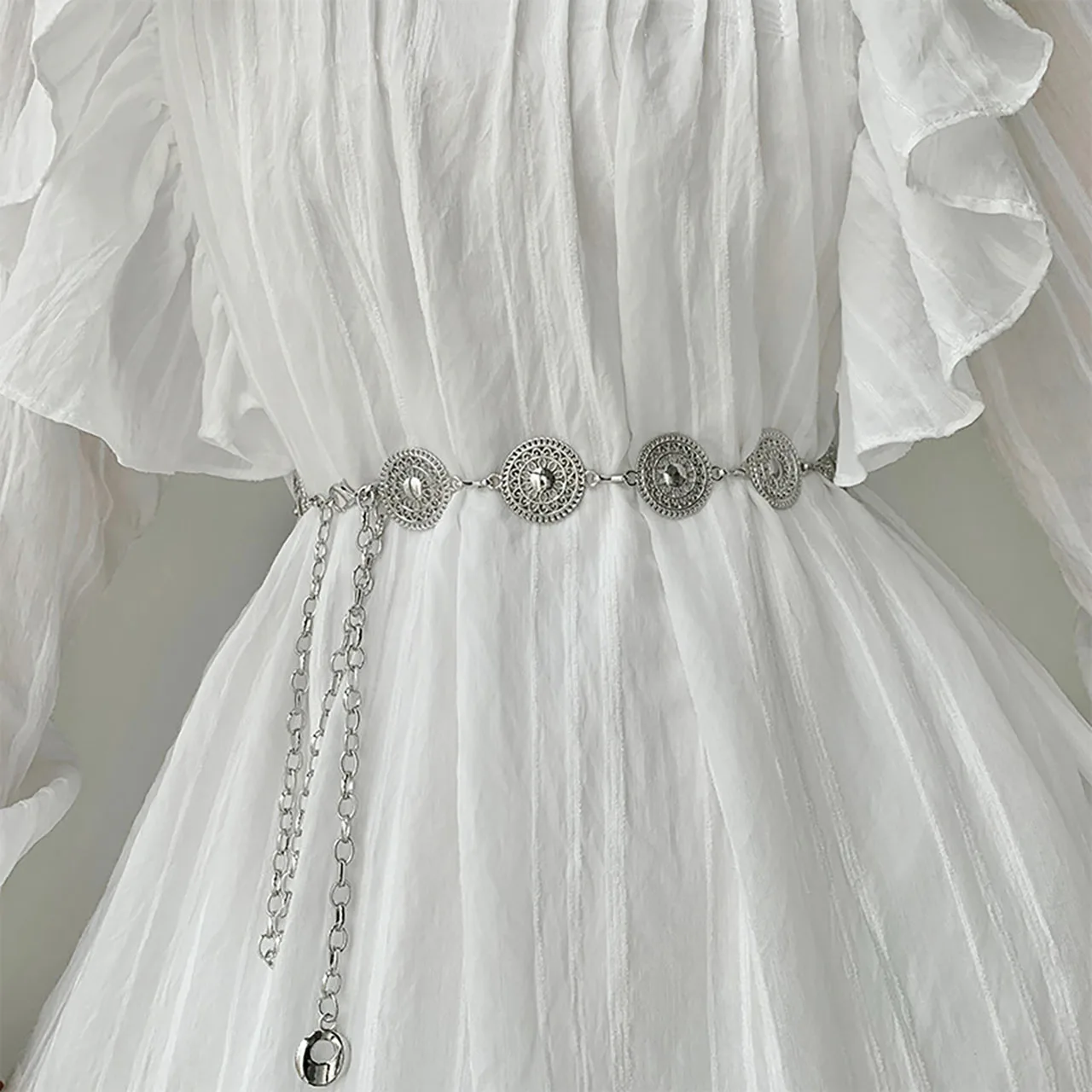 Women Hollow Out Round Metal Belt Gold Silver Carved Long Adjustable Chain Belts Elegant Lady Girl Dress Coat Decorative Strap