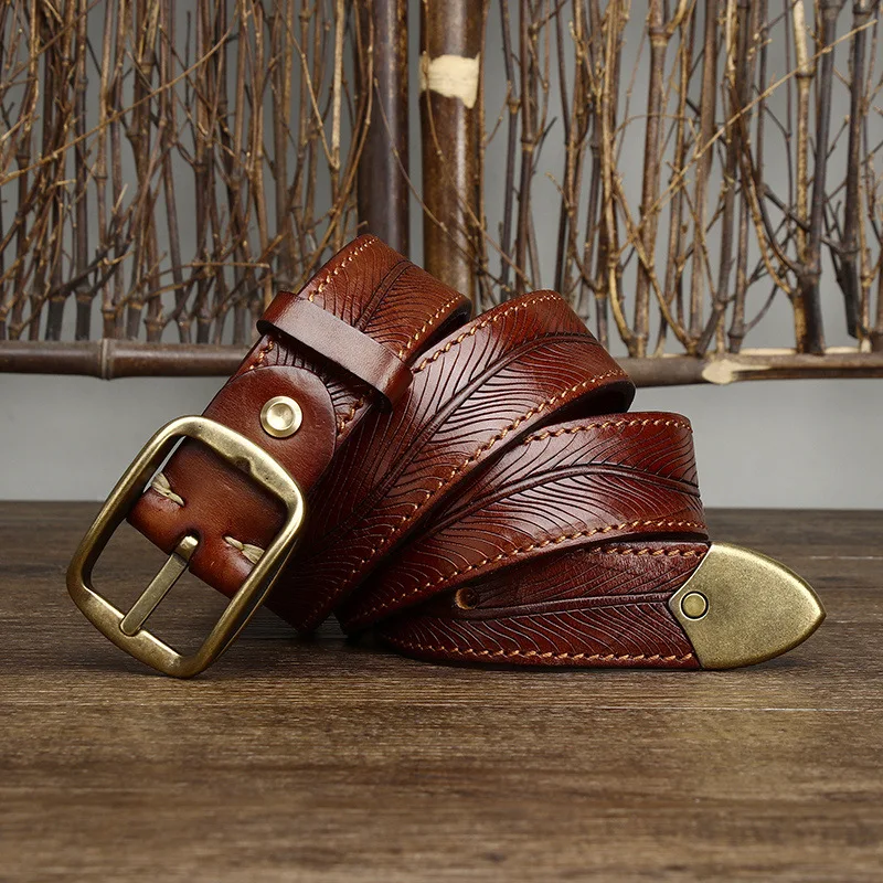 3.8CM Wide Men's Genuine Leather Cowhide Copper Buckle Casual Retro Fashion Belt Men Waistband Male Luxury Strap Cintos