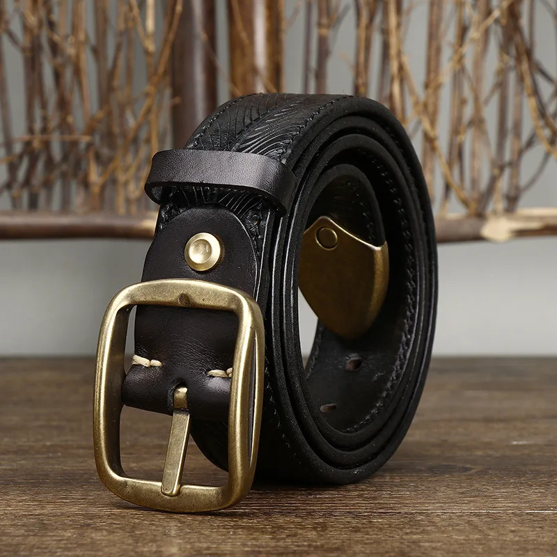 3.8CM Wide Men's Genuine Leather Cowhide Copper Buckle Casual Retro Fashion Belt Men Waistband Male Luxury Strap Cintos