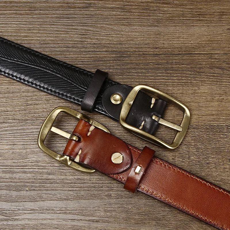 3.8CM Wide Men's Genuine Leather Cowhide Copper Buckle Casual Retro Fashion Belt Men Waistband Male Luxury Strap Cintos