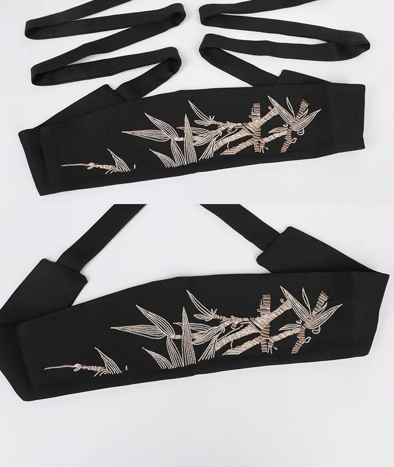 Chinese Han Dynasty Hanfu Clothing Waistband with Tassels Wide Tie Belt with Bamboo Embroidery