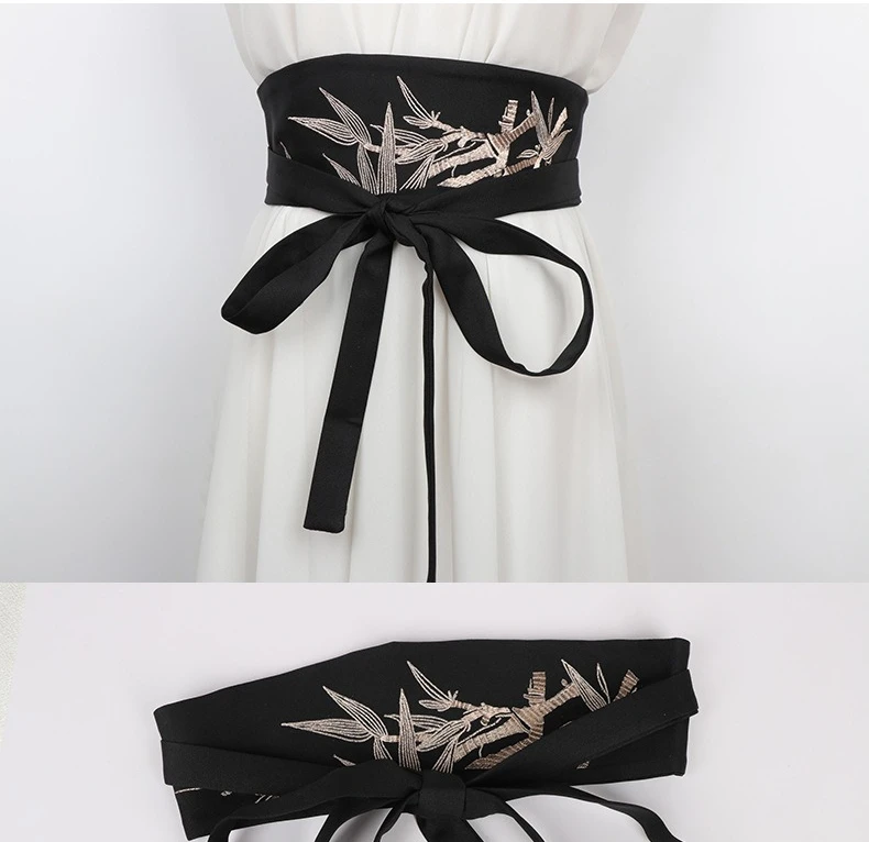Chinese Han Dynasty Hanfu Clothing Waistband with Tassels Wide Tie Belt with Bamboo Embroidery