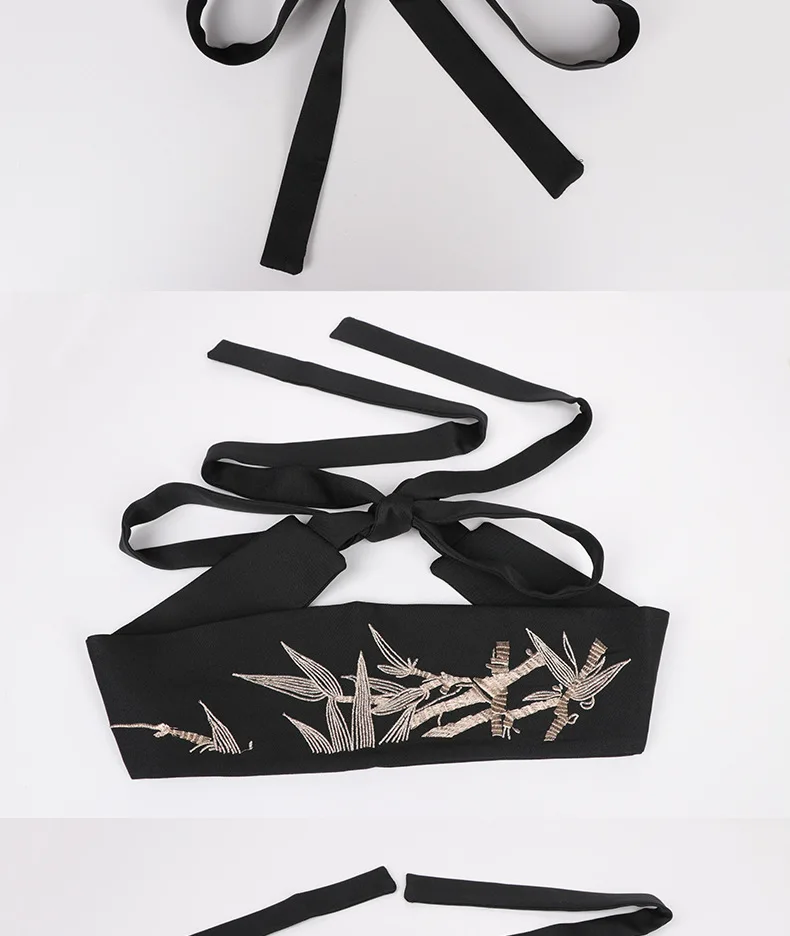 Chinese Han Dynasty Hanfu Clothing Waistband with Tassels Wide Tie Belt with Bamboo Embroidery