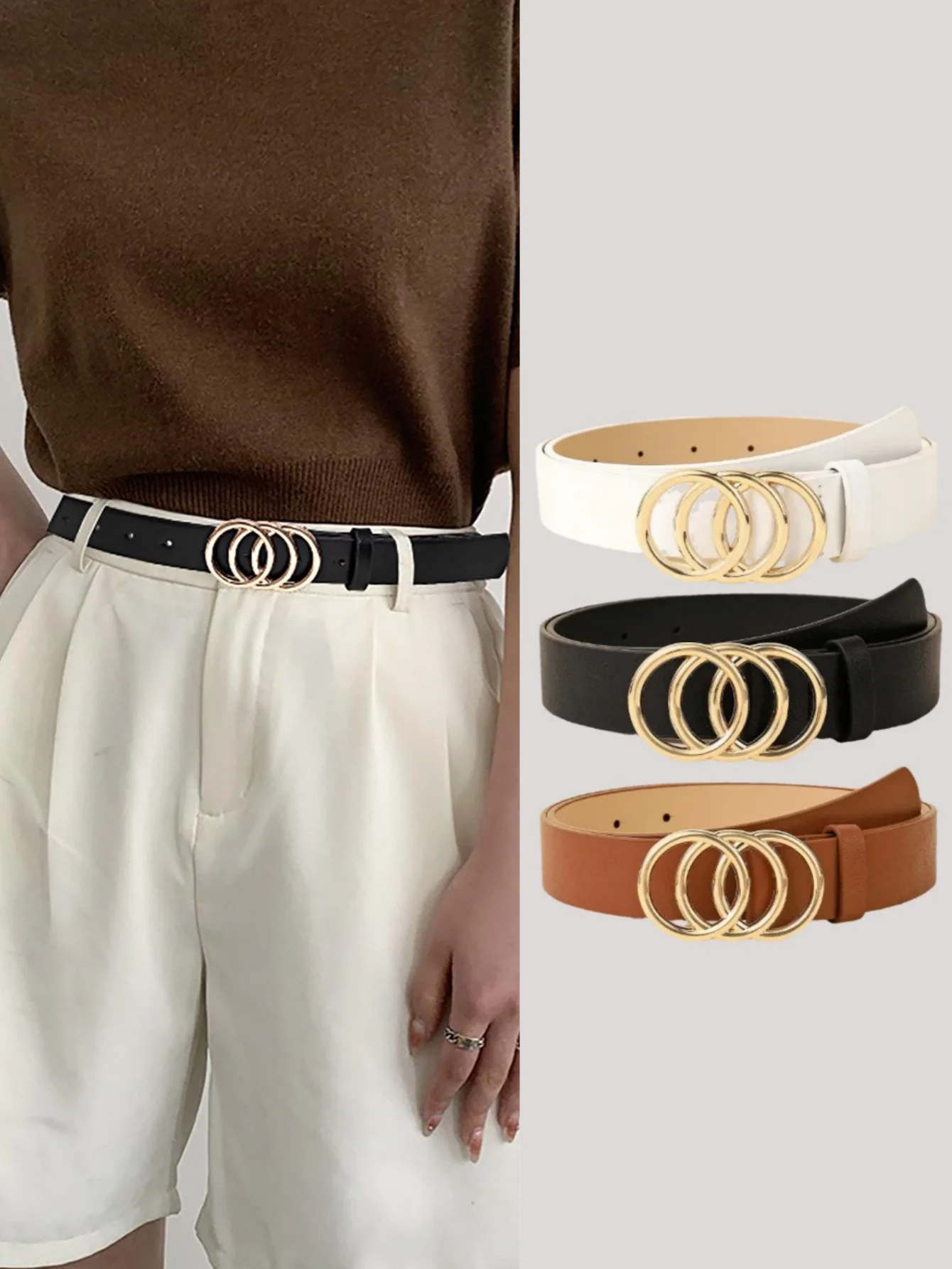1pc women's light luxury casual multi-color three-circle metal buckle belt for jeans, a versatile decorative belt