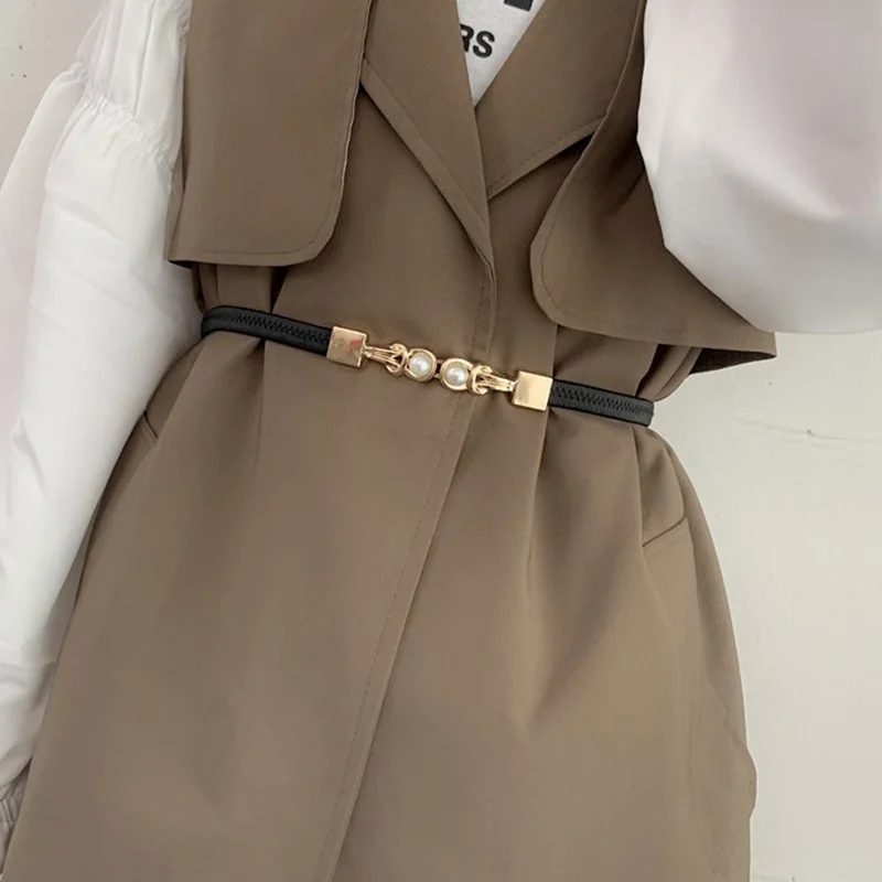 Fashion Gold Metal Knob Buckle Stretch Belt Women Thin Solid Color Slim Body Waist Belts Lady Coat Dress Shirt Skinny Waistband