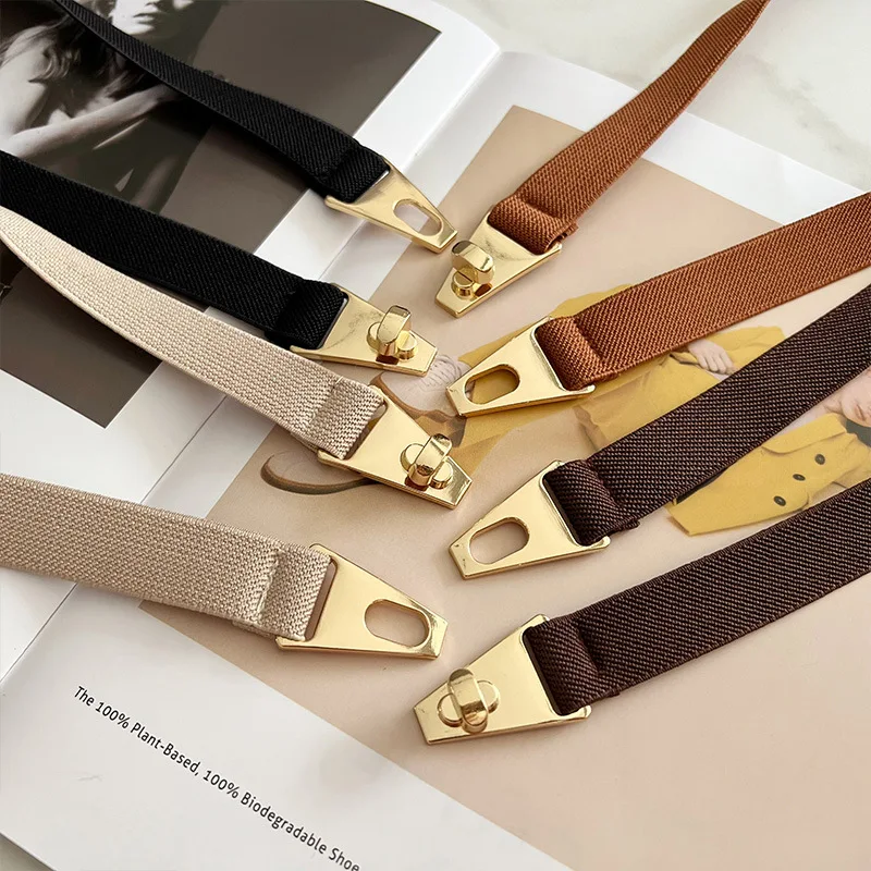 Fashion Gold Metal Knob Buckle Stretch Belt Women Thin Solid Color Slim Body Waist Belts Lady Coat Dress Shirt Skinny Waistband