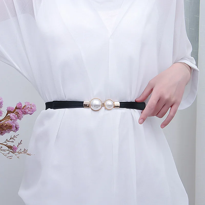 Fashion Gold Metal Knob Buckle Stretch Belt Women Thin Solid Color Slim Body Waist Belts Lady Coat Dress Shirt Skinny Waistband