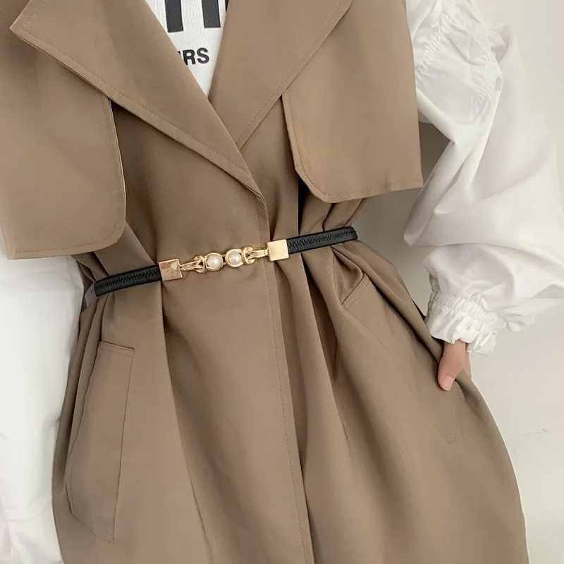 Fashion Gold Metal Knob Buckle Stretch Belt Women Thin Solid Color Slim Body Waist Belts Lady Coat Dress Shirt Skinny Waistband