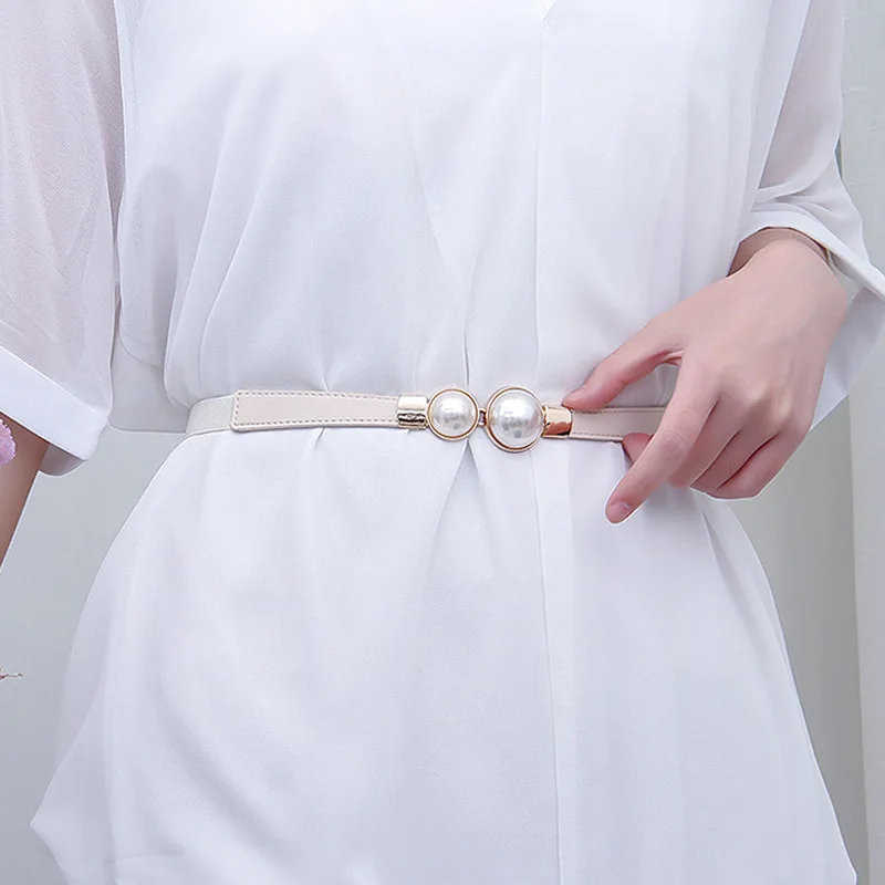 Fashion Gold Metal Knob Buckle Stretch Belt Women Thin Solid Color Slim Body Waist Belts Lady Coat Dress Shirt Skinny Waistband