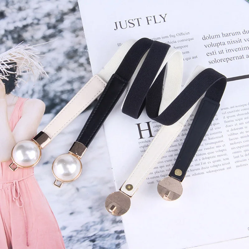 Fashion Gold Metal Knob Buckle Stretch Belt Women Thin Solid Color Slim Body Waist Belts Lady Coat Dress Shirt Skinny Waistband