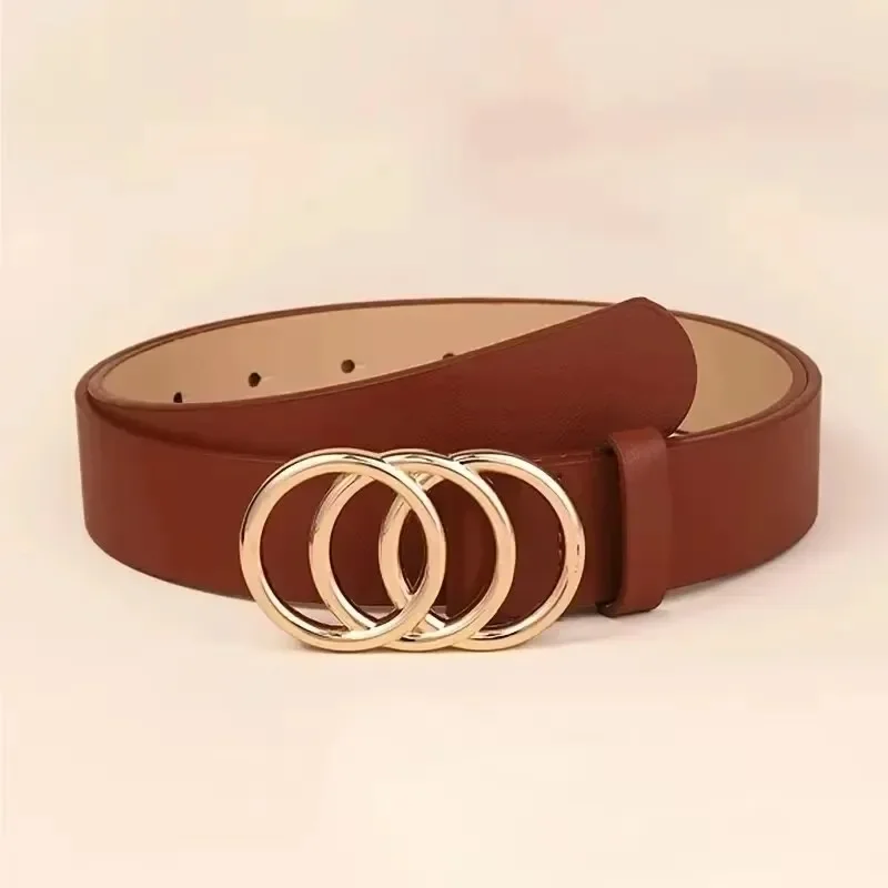 1PC Women's Belt Trend Triple Round Buckle Belt Simple Versatile Youth Belt PU Leather Belt Paired with Jeans Dress Ladies Belts