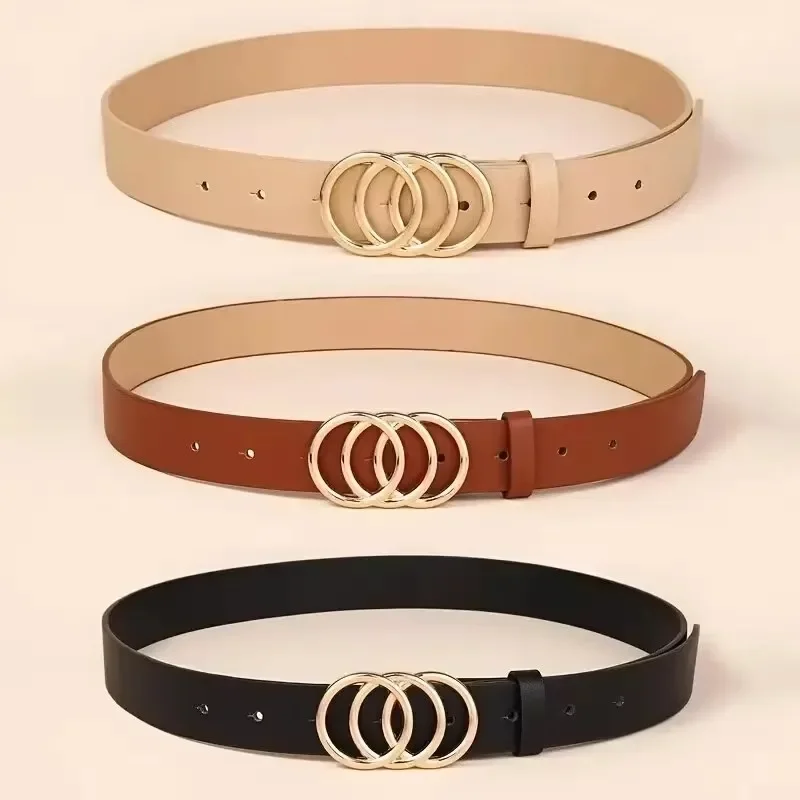 1PC Women's Belt Trend Triple Round Buckle Belt Simple Versatile Youth Belt PU Leather Belt Paired with Jeans Dress Ladies Belts