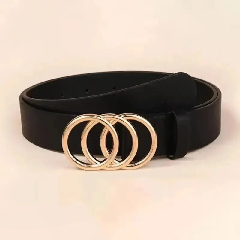 1PC Women's Belt Trend Triple Round Buckle Belt Simple Versatile Youth Belt PU Leather Belt Paired with Jeans Dress Ladies Belts
