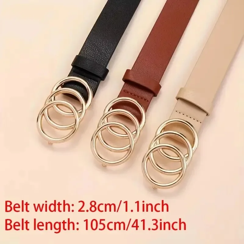 1PC Women's Belt Trend Triple Round Buckle Belt Simple Versatile Youth Belt PU Leather Belt Paired with Jeans Dress Ladies Belts