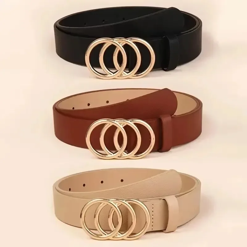 1PC Women's Belt Trend Triple Round Buckle Belt Simple Versatile Youth Belt PU Leather Belt Paired with Jeans Dress Ladies Belts