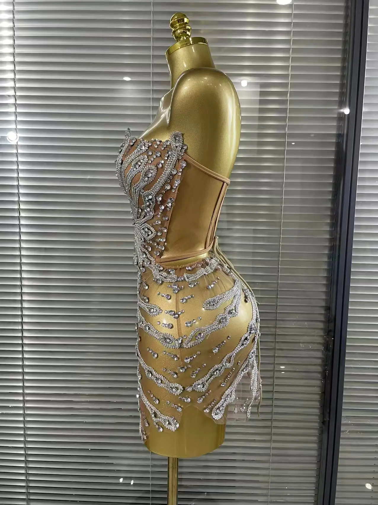 Shining Sequins Women Sexy Strapless Mesh See Through Bodycon Mini Dress Nightclub Party Celebrate Birthday Stage Wear