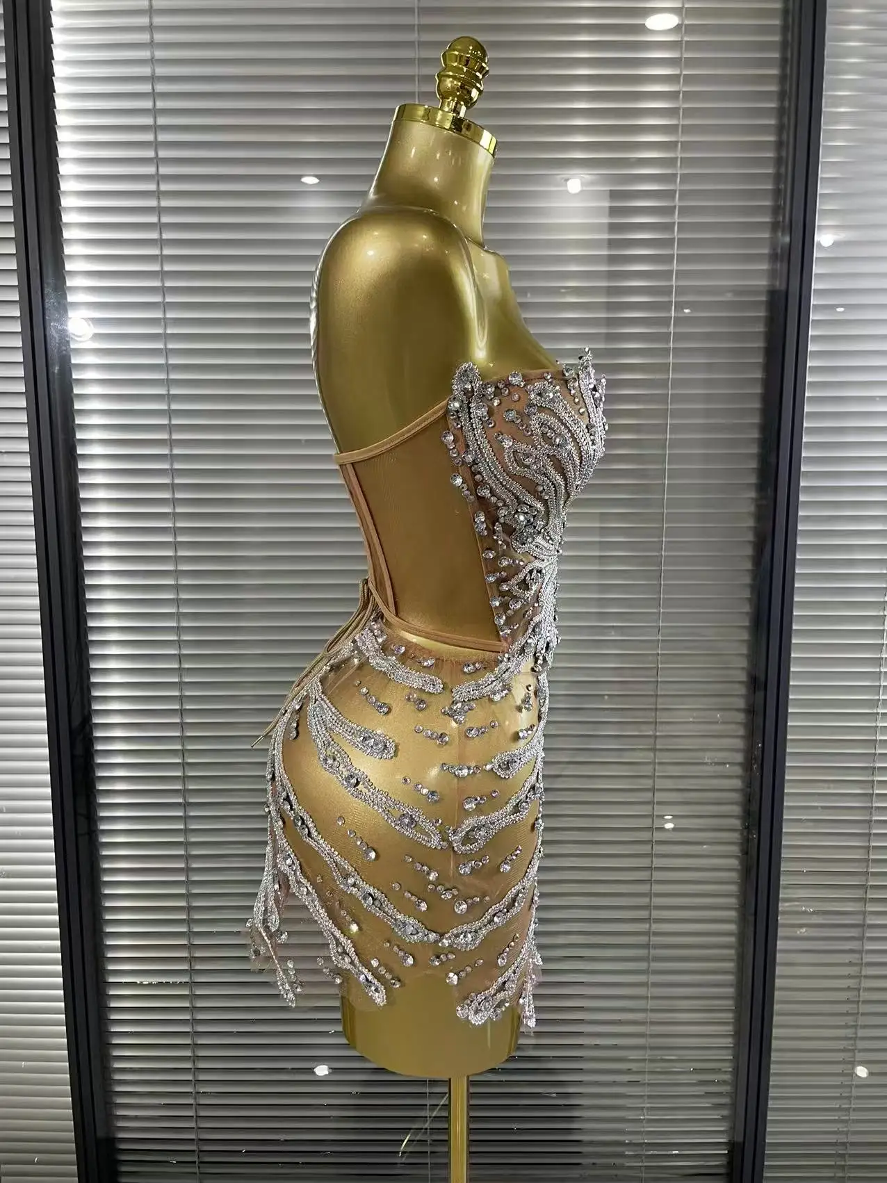 Shining Sequins Women Sexy Strapless Mesh See Through Bodycon Mini Dress Nightclub Party Celebrate Birthday Stage Wear