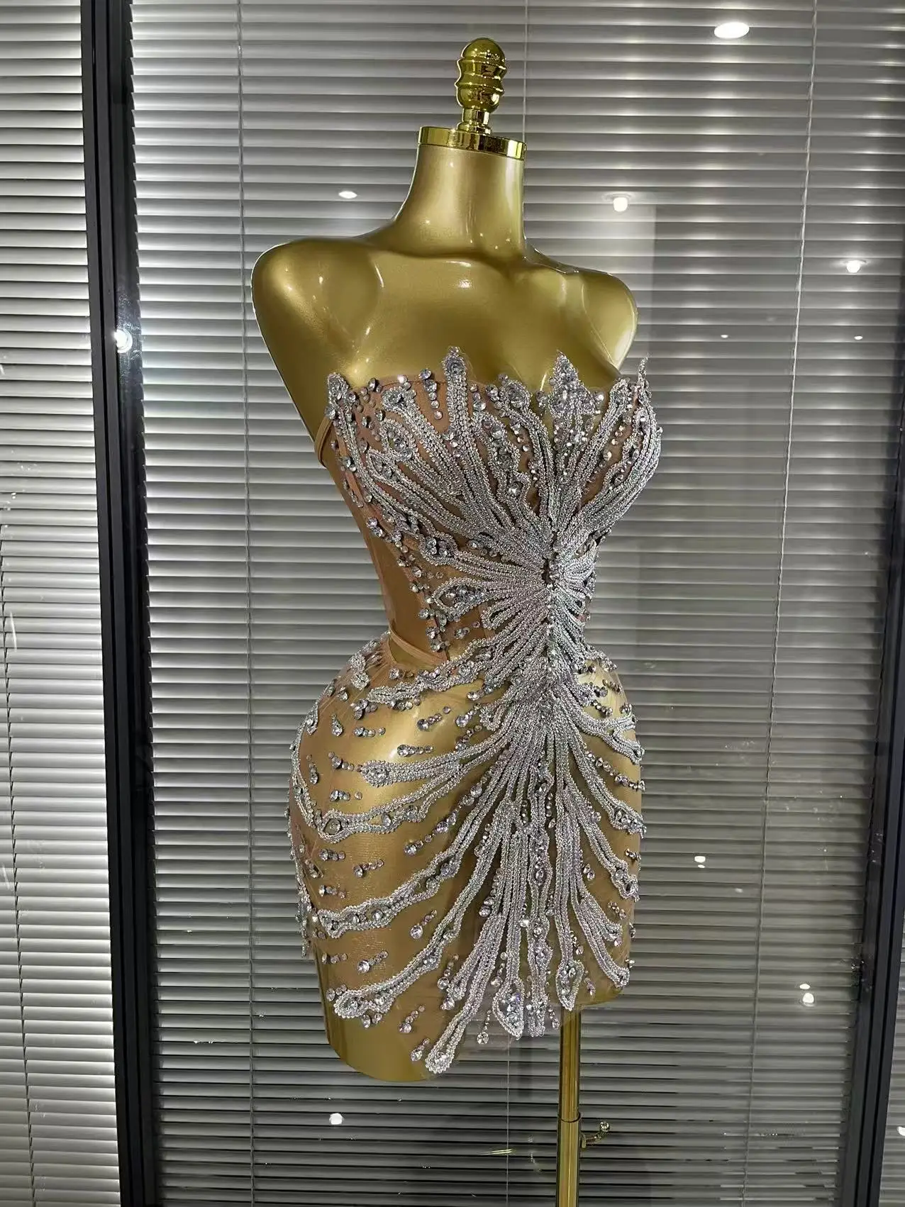 Shining Sequins Women Sexy Strapless Mesh See Through Bodycon Mini Dress Nightclub Party Celebrate Birthday Stage Wear