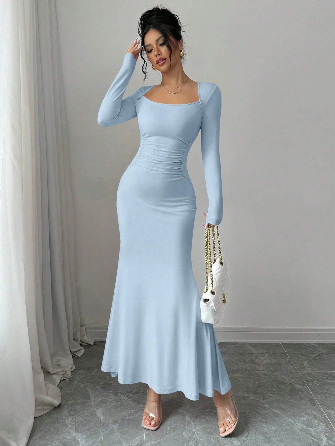 Women's Four Seasons New Style Women's Elegant Temperament Retro Solid Color Square Collar Long Sleeve Dress