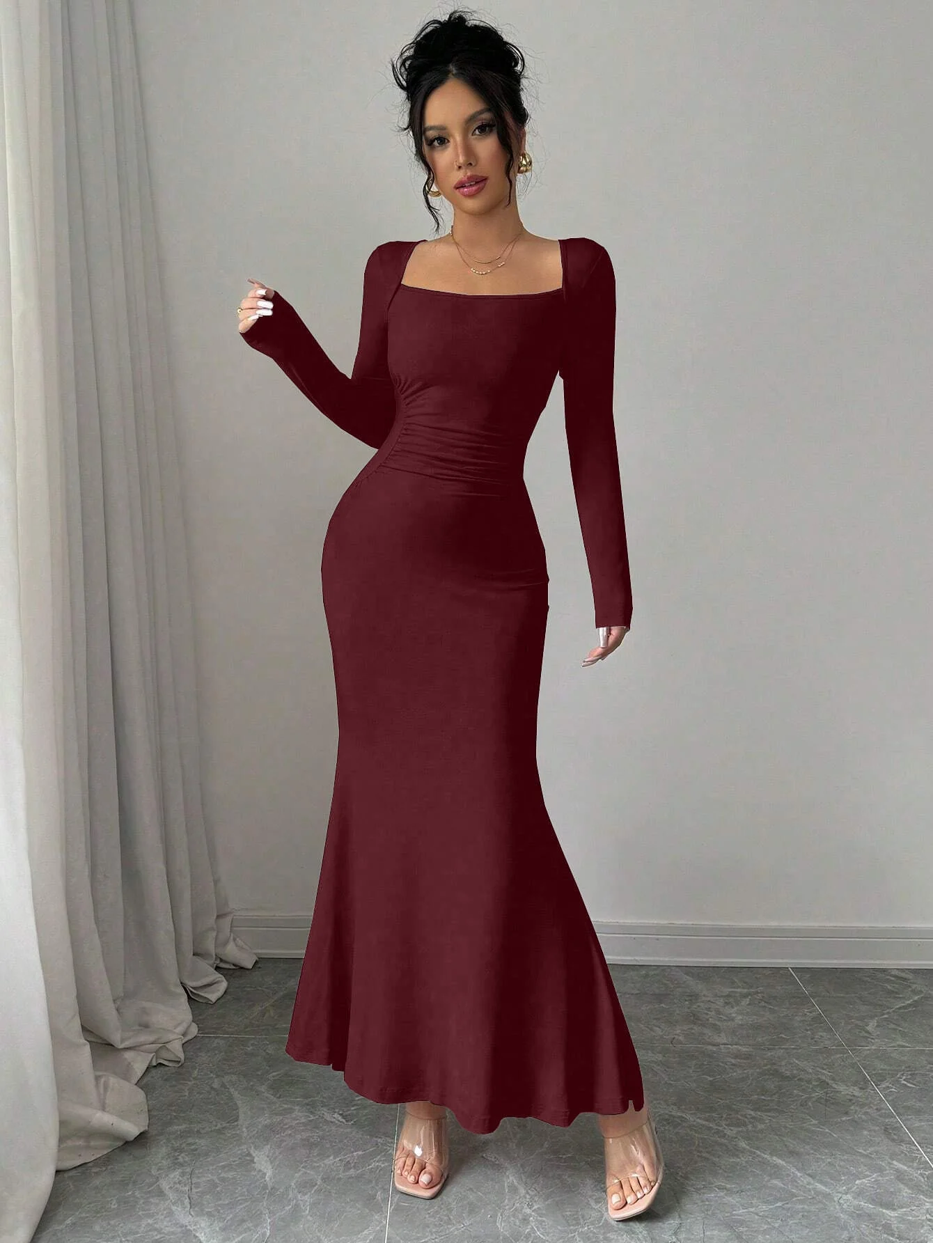 Women's Four Seasons New Style Women's Elegant Temperament Retro Solid Color Square Collar Long Sleeve Dress