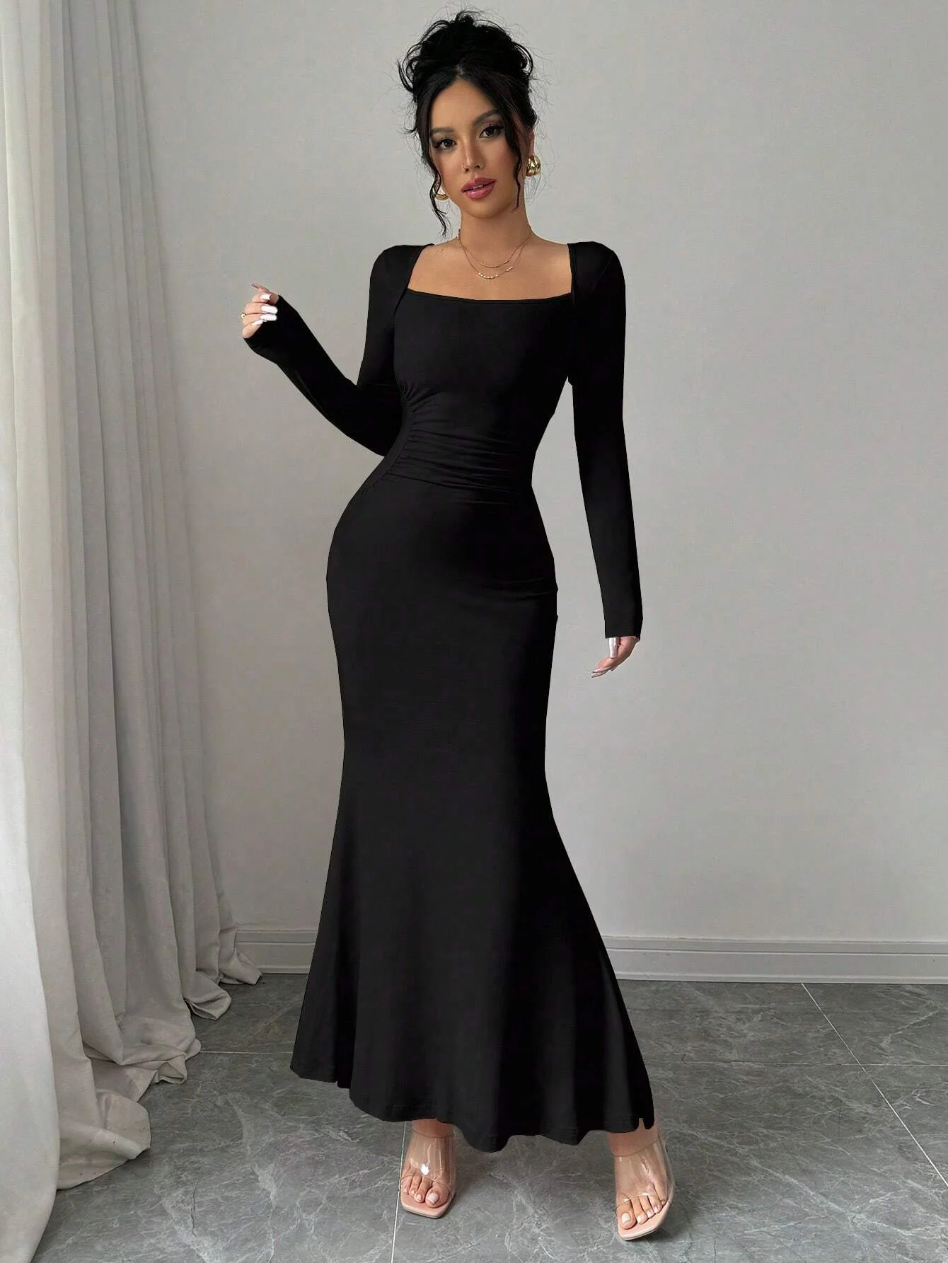 Women's Four Seasons New Style Women's Elegant Temperament Retro Solid Color Square Collar Long Sleeve Dress
