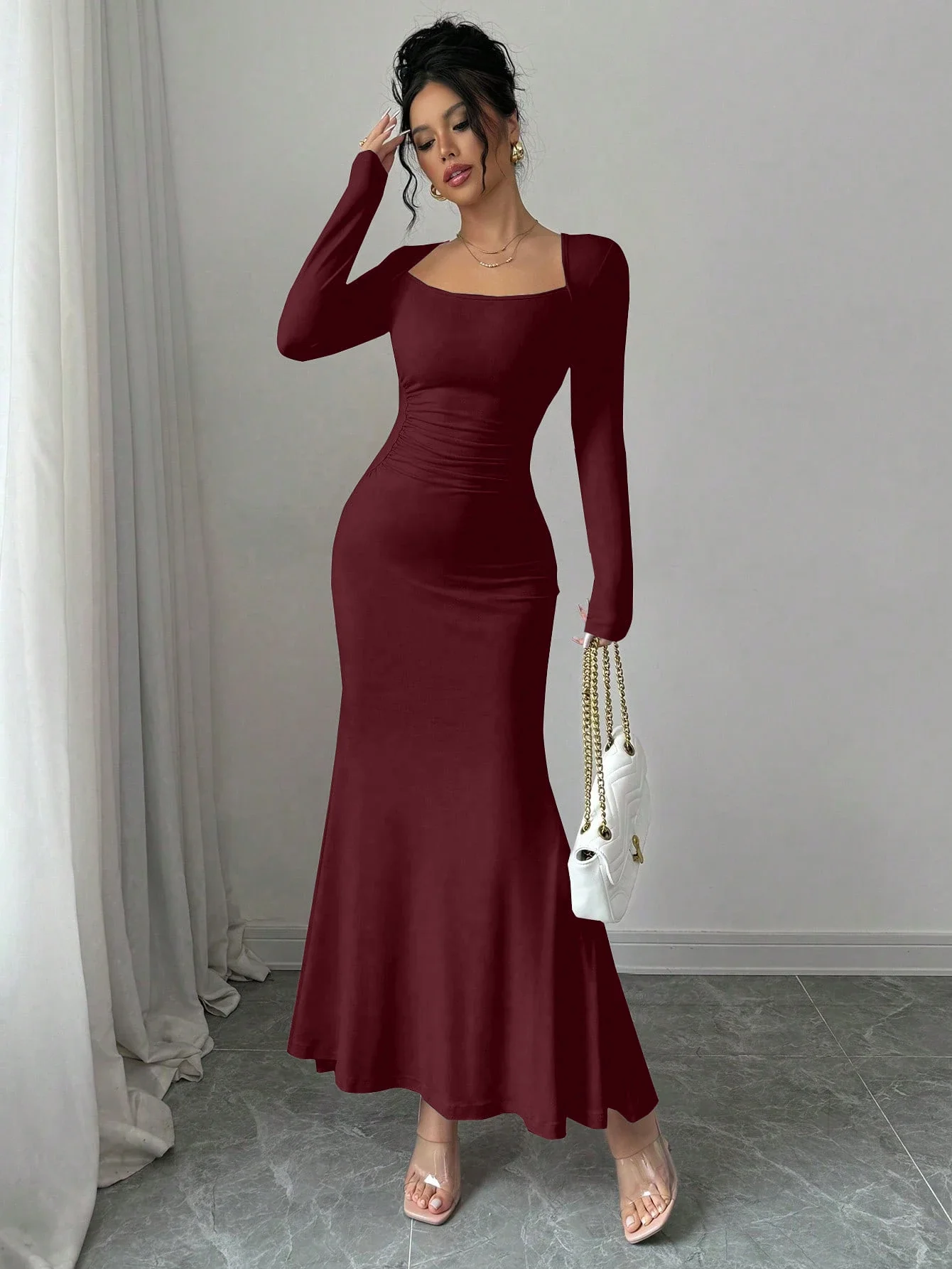 Women's Four Seasons New Style Women's Elegant Temperament Retro Solid Color Square Collar Long Sleeve Dress