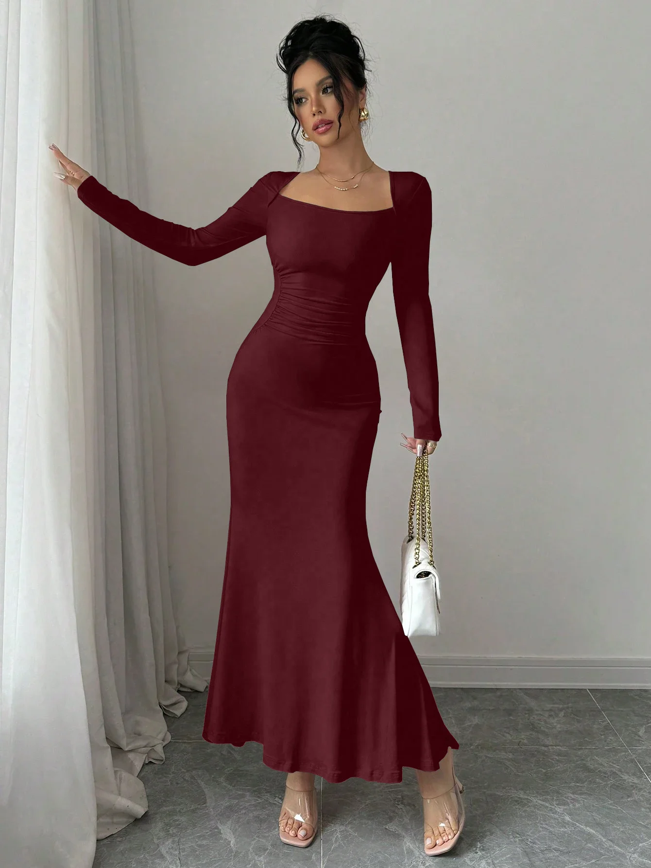Women's Four Seasons New Style Women's Elegant Temperament Retro Solid Color Square Collar Long Sleeve Dress
