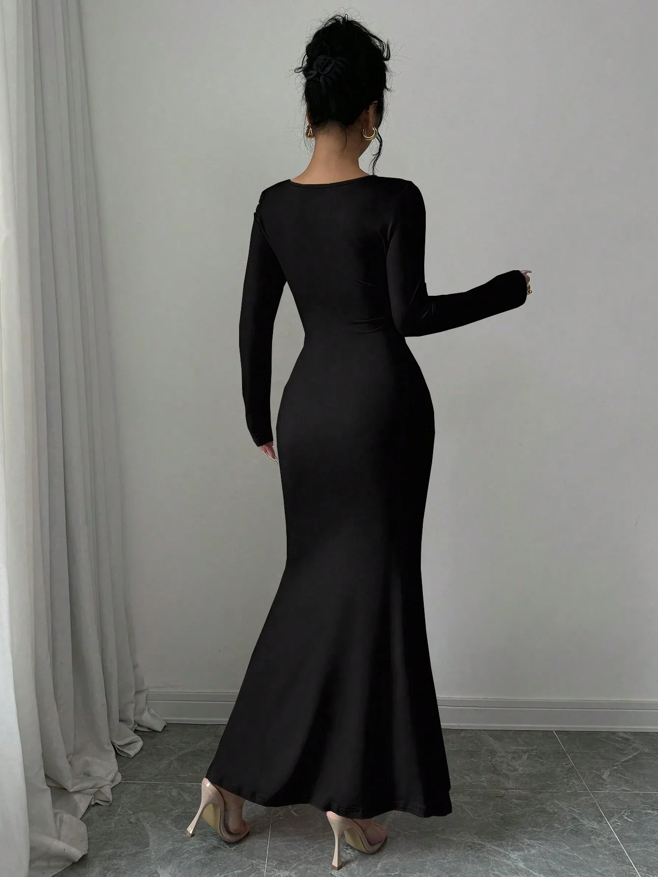 Women's Four Seasons New Style Women's Elegant Temperament Retro Solid Color Square Collar Long Sleeve Dress