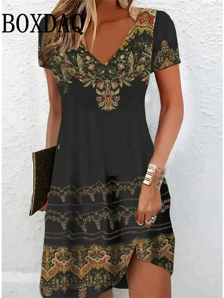 2025 Retro Women Dresses Ethnic Style Floral Print Loose Midi Dress Plus Size Casual Short Sleeve Pullover V-Neck Dress Sundress