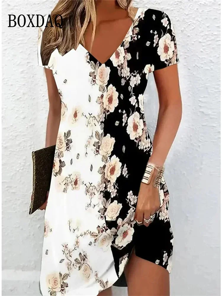 2025 Retro Women Dresses Ethnic Style Floral Print Loose Midi Dress Plus Size Casual Short Sleeve Pullover V-Neck Dress Sundress