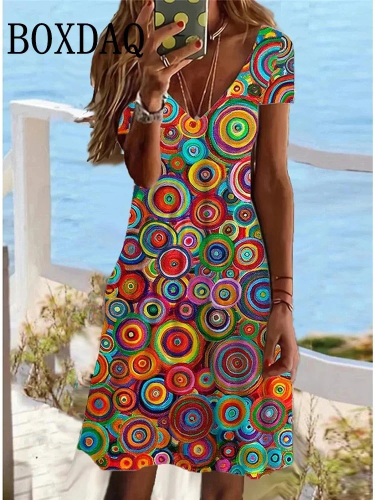 2025 Retro Women Dresses Ethnic Style Floral Print Loose Midi Dress Plus Size Casual Short Sleeve Pullover V-Neck Dress Sundress