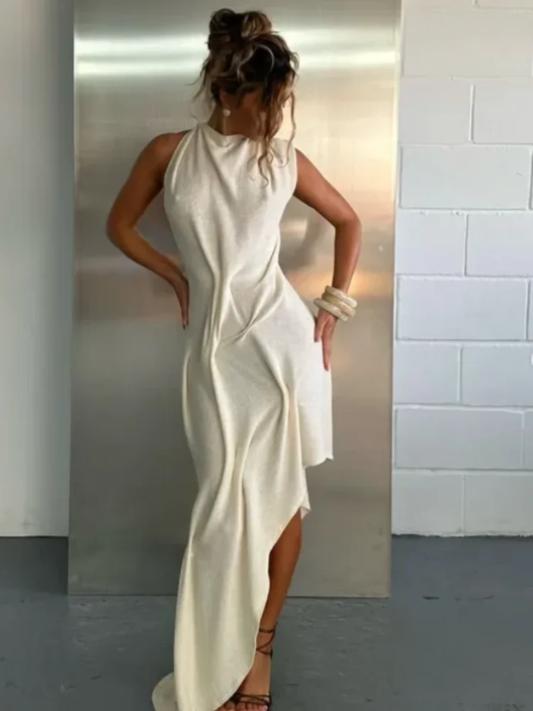 Romantic Soft Halter Maxi Dress Ruched Asymmetrical Women Dresses Anniversary Dinners Vacation Elegant Female Party Wear